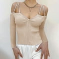 thumbnail image 2 of XFLWAM Women Spaghetti Straps Long Sleeve Ribbed Knit Top Off Shoulder V Neck Shirt Cold Shoulder Solid Color Slim Blouse Khaki 3XL, 2 of 6