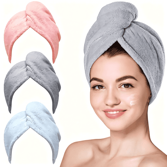 Microfiber Hair Towel Wrap, Fast Drying Hair Towels for Women, Soft Lightweight Quick Dry Turban for Curly & Long Hair–3 Pack(Blue/Grey/Pink)
