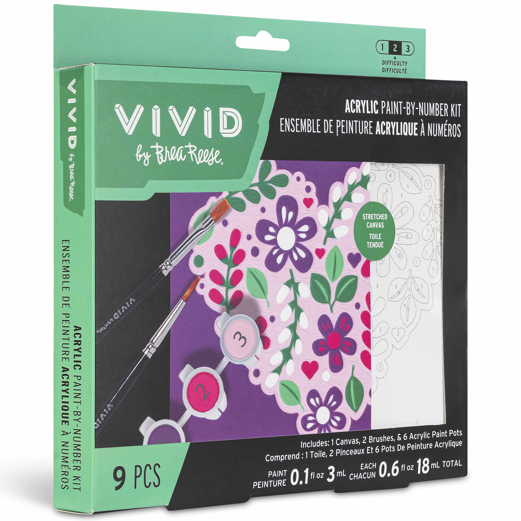 Vivid by Brea Reese: Acrylic Mini Paint-By-Number Kit – Flower Heart - 6 x 6" Canvas, 6 Paint Pods, 2 Brushes, Purple-Pink-Green Colors, DIY Art Craft