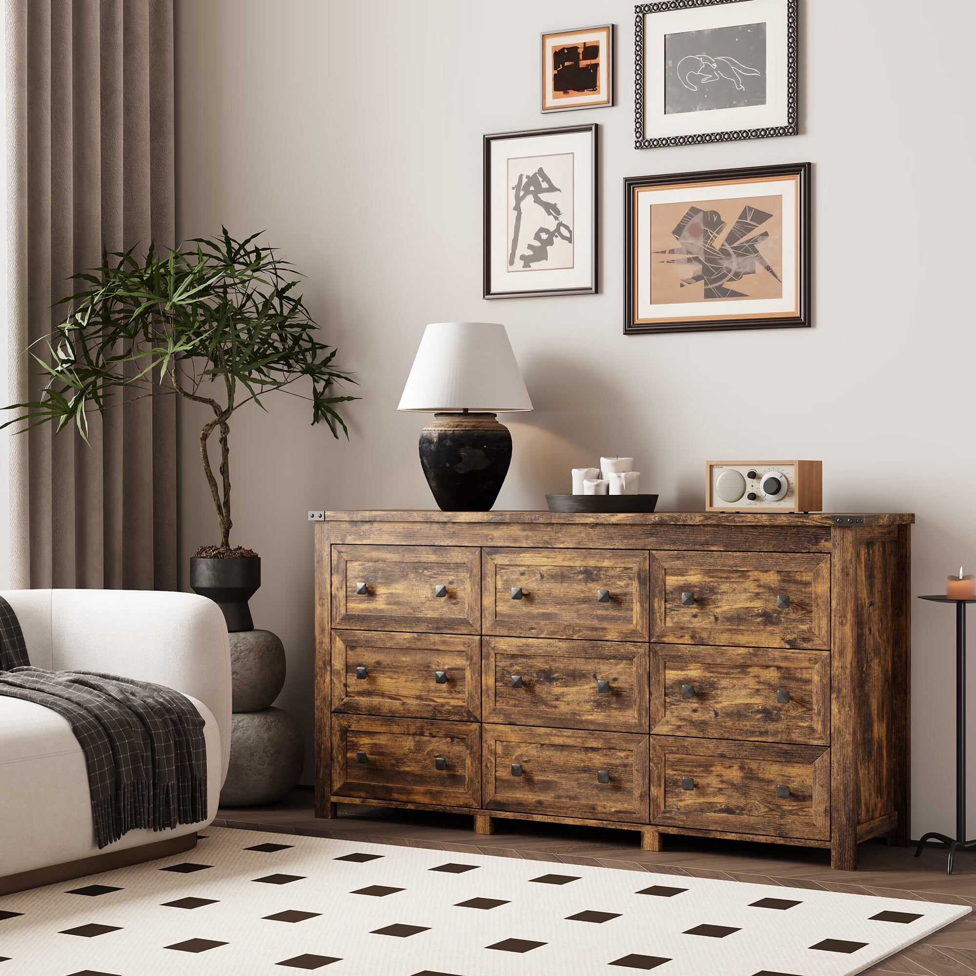 FANRAL Dresser for Bedroom with 9 Drawers,Wood Metal Handle Closet Storage Cabinet,Wide TV Stand Chests of Drawers,Brown Dresser