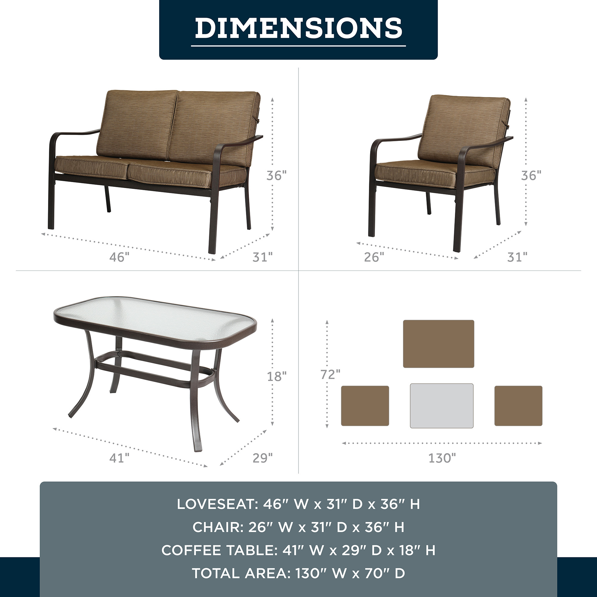 Mainstays Stanton 4-Piece Patio Furniture Conversation Set, Brown, Metal - image 3 of 9