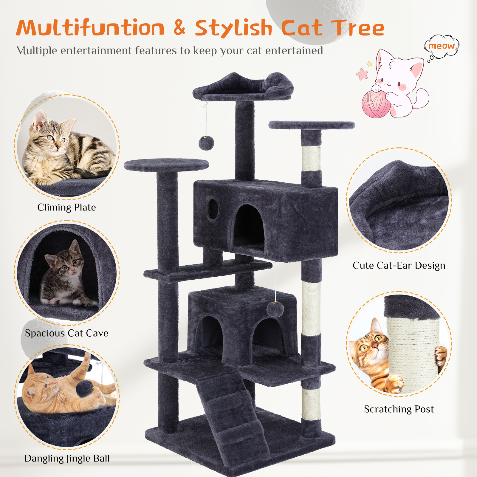 54" Multi-Level Cat Tree Tower with Sisal Scratching Post, Indoor Cat Climbing Tower with Ladder & Plush Toys for Rest & Play
