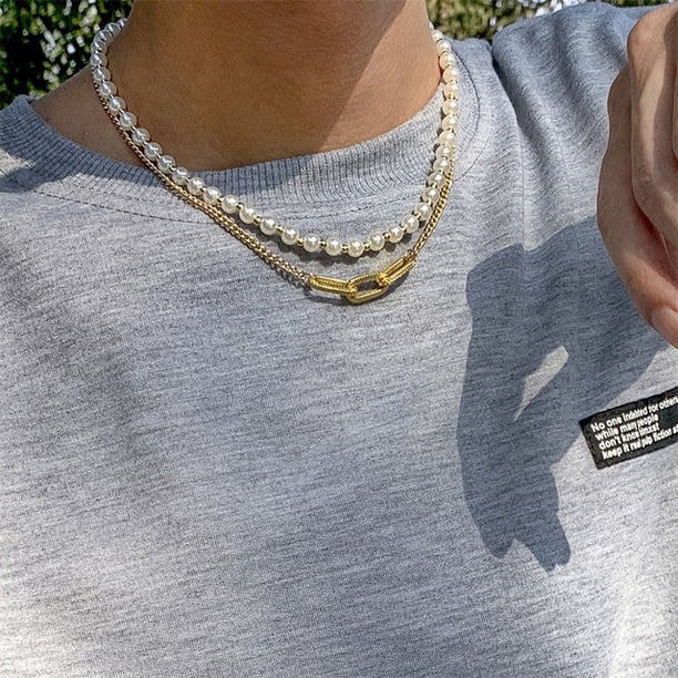 Collar De Oso De Perlas De Doble Capa Creativo Para Hombre , Cadena De Gargantilla Simple Hip-Hop , Costura , Exquisito Masculino , Regalo