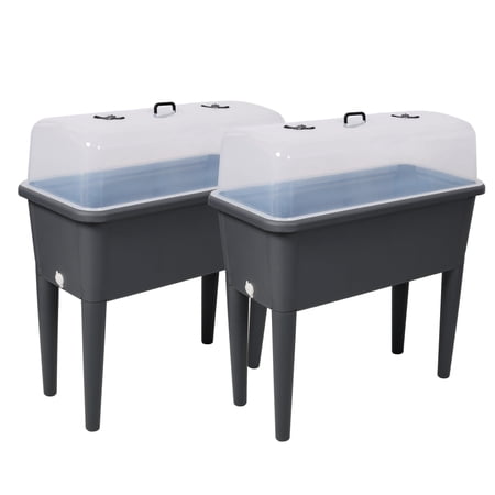 Set of 2 Dark Grey Self-Watering Elevated Raised Planter Boxes with Ventilated Clear Greenhouse Lids,30"L×14.5"W×32.25"H