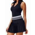 thumbnail image 2 of Women'S Tennis Skirt Ribbed Golf Skirt Half Zip Pleated Sports Skirt with Built-in Shorts and Bra Black L, 2 of 6