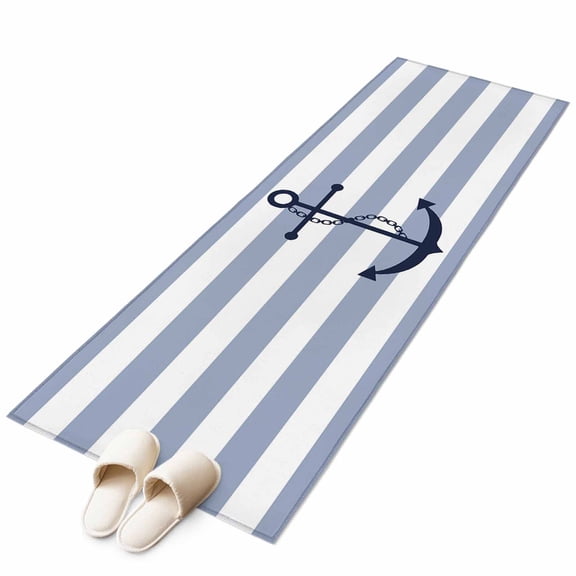 Blue White Striped Runner Rug 2x6 FT, Hallway Carpet, Navy Blue Beach Nautical Anchor Ocean Coastal Washable Floor Carpet Throw Runner Carpet Long Rug for Entryway Kitchen Bedside Sliding Door