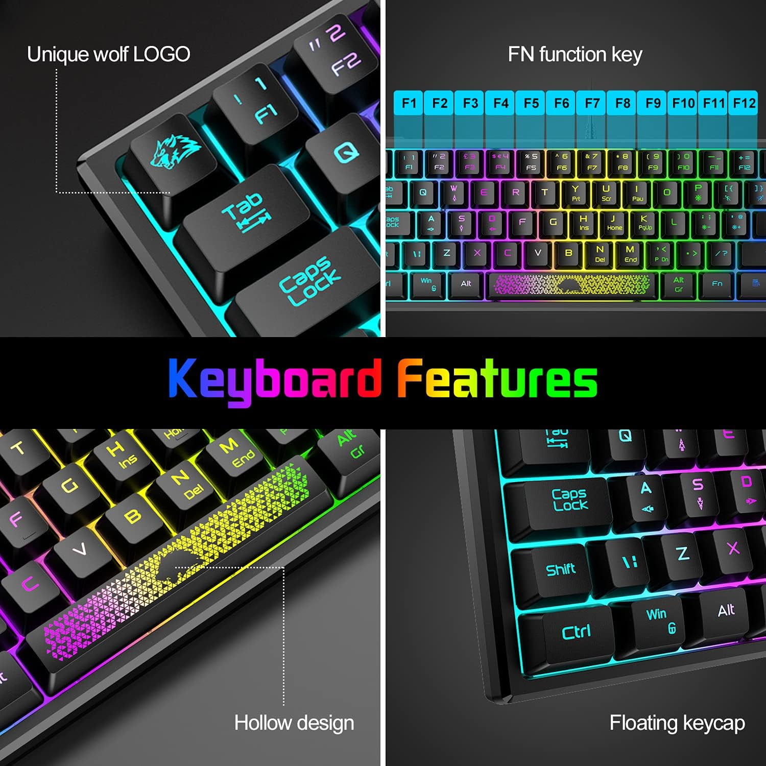 K61 UK Layout RGB 60% Gaming Keyboard Mouse Set Wired 62 Keys Mini Portable Keyboard 7 RGB LED Backlit 19 key Anti-ghosting + 2400 DPI Ultralight Gaming Mouse Ergonomic Honeycomb Shell +Mouse Pad