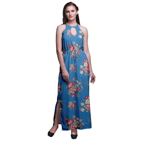 Bimba Floral Women Side Slits Long Casual Halter Maxi Dress Printed Party Wear-Medium