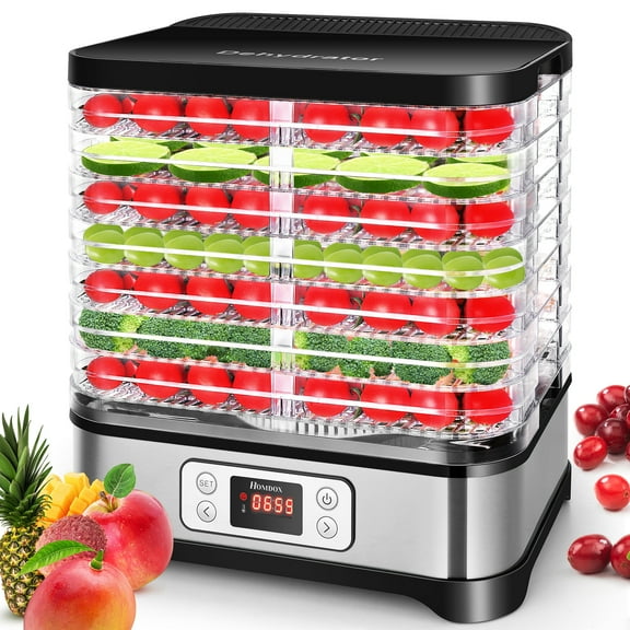 Qhomic Electric 400W 8 Trays Food Dehydrator Machine with Fruit Roll Sheet, Digital Timer, and Temperature Control for Meat or Beef Fruit Vegetable Dryer