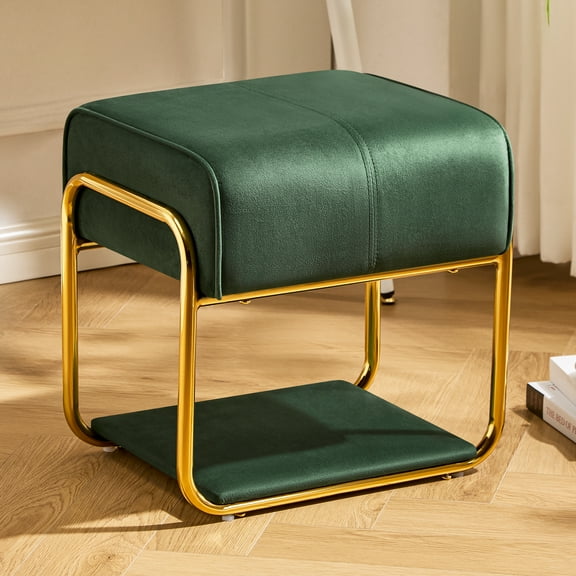 Falvinoryn Upholstered Ottoman Vanity Stool, Velvet Ottoman Entryway Bench, Makeup Stool with Metal Leg Footrest, Ottoman Coffee Table for Living Room, Bedroom, Green