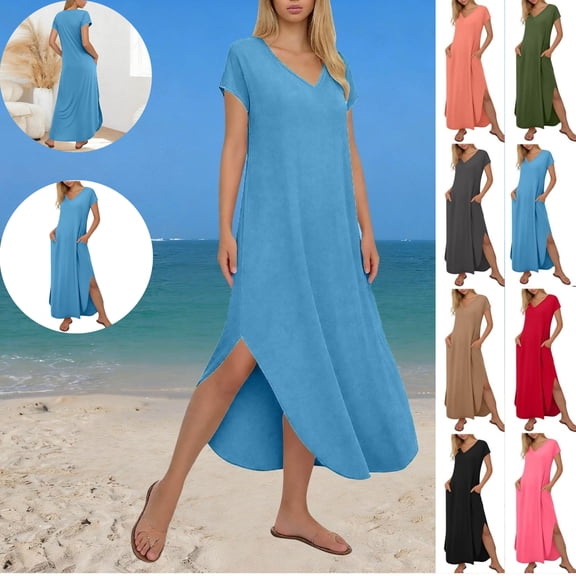 Gamivast Women's T Shirt Maxi Dress V-Neck Short Sleeve Split Hem Loose Fit Summer Beach Casual Pockets Plain Long Cotton Feel Flowy Daily Sun Dress