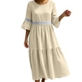 thumbnail image 2 of QUNYINEY 3/4 Sleeve Everyday Dresses for Women Faux Cotton Linen Casual Long A Line Dress Crew Neck Flowy Loose Fit Solid Lace Dresses, 2 of 8