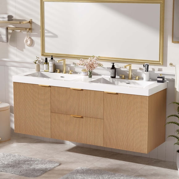 59.3 Inch Double Sink Bathroom Vanity with SMC Resin Top, Painted MDF Cabinet with Solid Wood Frame, Soft Close Doors, Divided Drawers, Wall-Mounted Modern Storage Vanity for Large Bathrooms