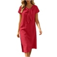 thumbnail image 4 of VBVC Women's Cotton Linen Tie Neck Midi Dress , Ladies' Casual Short Sleeve Shift Dress , Summer Solid Color Tunic Dress For Women, S-2XL, 4 of 8
