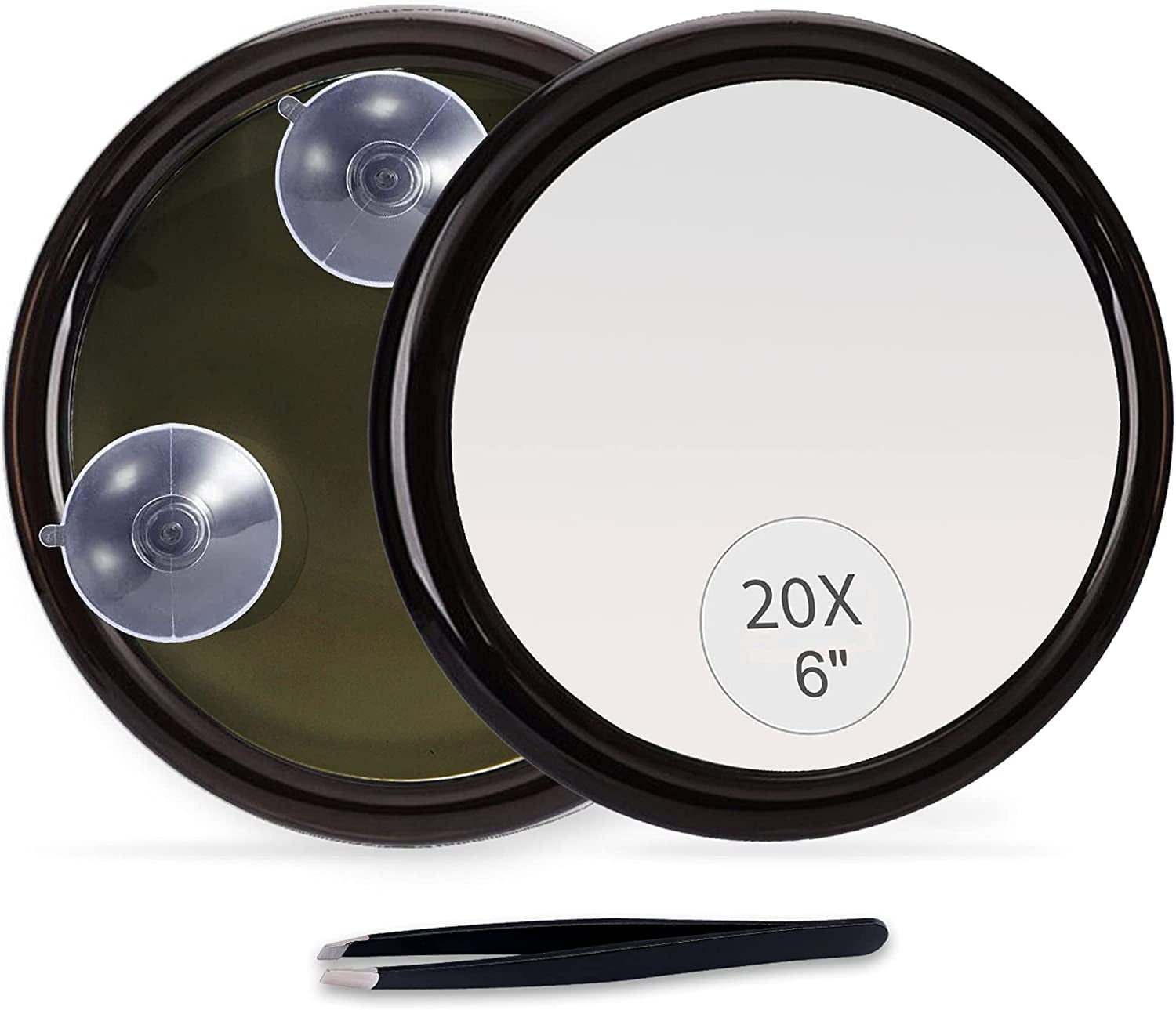 Magnifying Mirror 20 x mounting,with Suction Cups,6'' Round Black Travel Mirror Set,Black,B