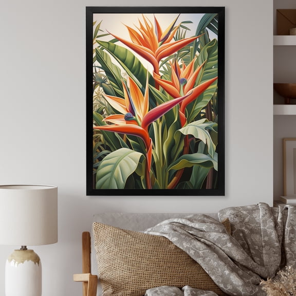 Designart "Tropical Flowers Birds of Paradise I" Floral Framed Wall Art - Traditional Orange Birds Of Paradise Entryway Framed Wall Art Print