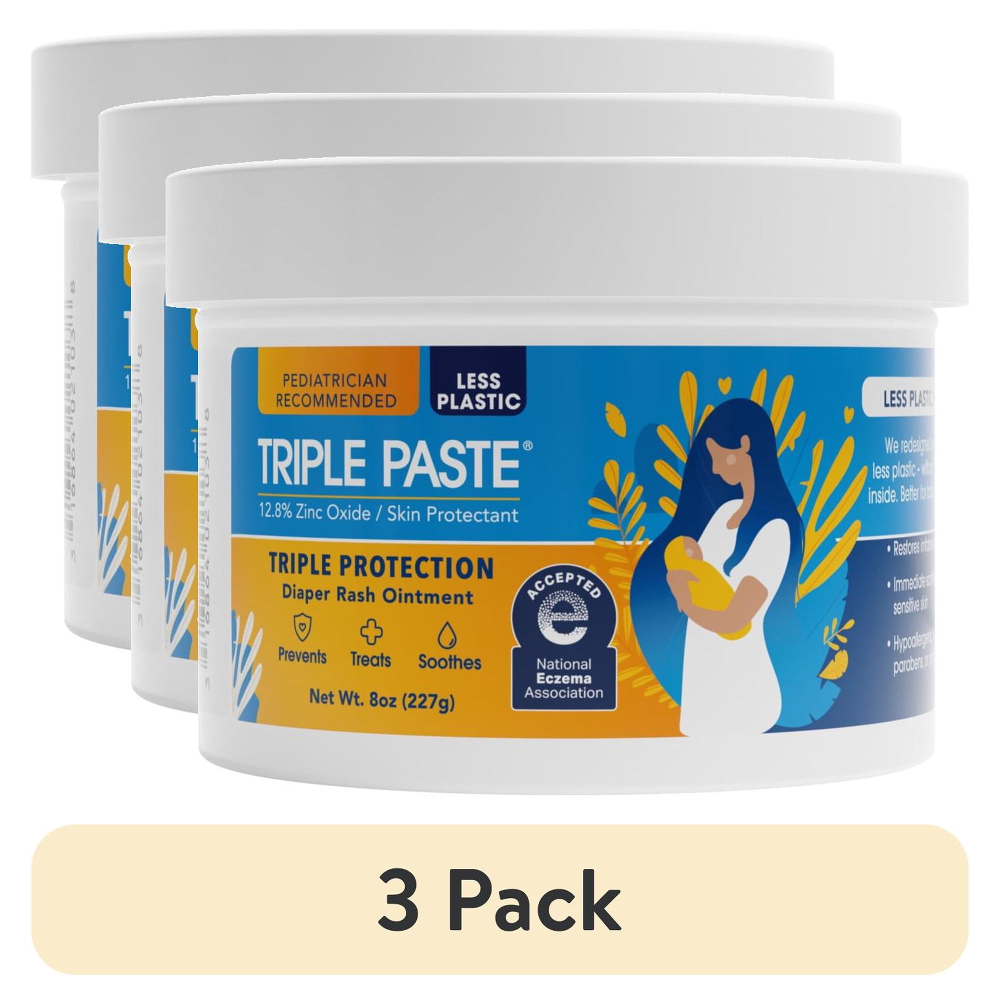 (3 pack) Triple Paste Diaper Rash Cream, Hypoallergenic Medicated Ointment for Babies, Overnight and Daily Protection, 8 oz