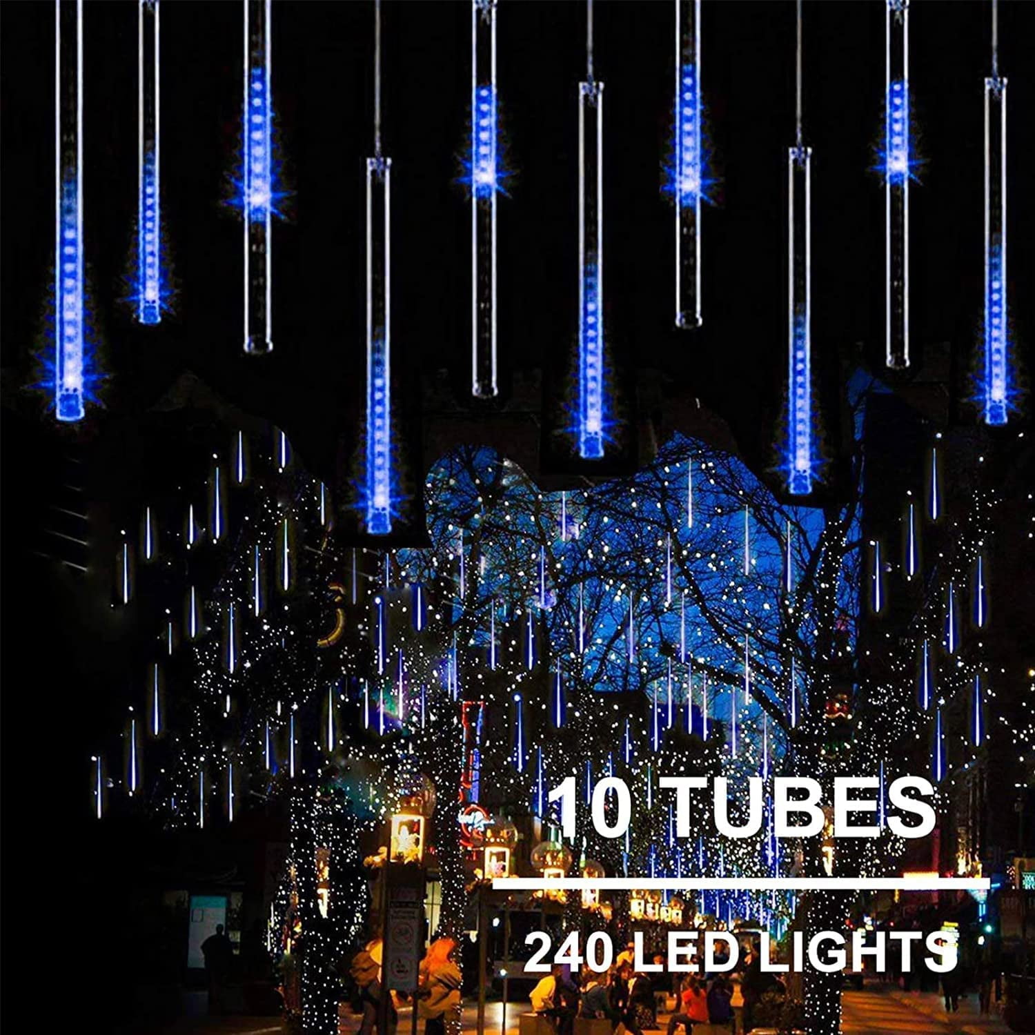 Blue iBaycon 11.8 inch 10 Tubes 240 LED Meteor Shower Raindrop Lights with Timer Function Cascading Lights LED Icicle Lights Falling Raindrop Lights for Holiday Party Wedding Christmas Tree Decoration