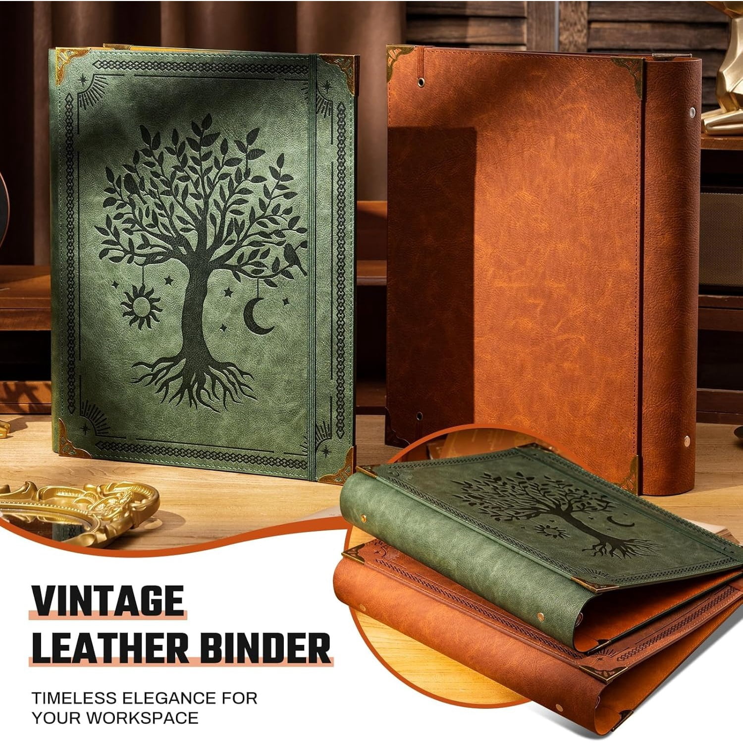 Leather Suitable for 8.5-inch X 11-inch Letter-sized Paper, 1-inch Round Ring Binder Can Hold 200 Sheets, Notebook Cover Loose-leaf Organizer, Green Tree
