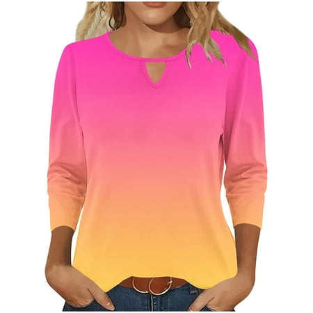 QUNYINEY Crew Neck Women S T-Shirts 3/4 Sleeve Casual Gradient Tops Loose Cut Out Pullover T-Shirts