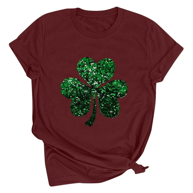 Dealovy T-Shirts de la Saint-Patrick pour Femmes à Manches Courtes, Col Rond, Coupe Ample, T-Shirts Graphiques Trèfle et Cœur
