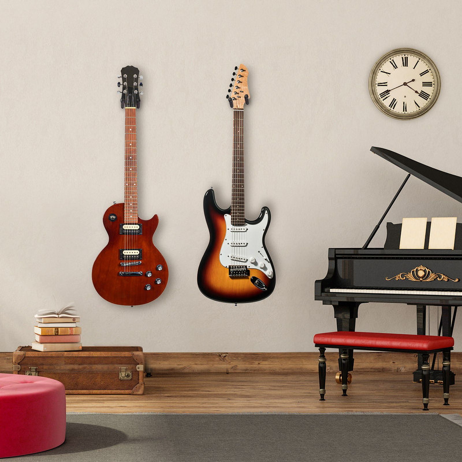 New Bee 2PC Guitar Wall Mount - Sturdy Wood Base & Metal Hook, High Weight Capacity, Anti-Slip V-Shape, Rotatable Adjustable with Soft Rubber - Fits Ukulele/Bass/Mandolin/Banjo (All Sizes)