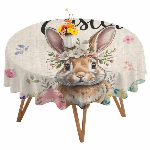 Round Tablecloth Happy Easter Waterproof Oil Proof Polyester Table Cloth Cover Decor for Home Dining Outdoor,Patio,Parties, 54" Dia. Rustic Floral Bunny Spring Eggs Beige