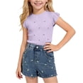 thumbnail image 2 of ITSAME Girls Summer Outfits 2-Piece Ruffle Sleeve Ribbed Top and Denim Shorts Casual Clothes Set Purple Size 3-4, 2 of 9