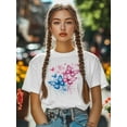 thumbnail image 5 of Women's T-Shirt Blue Pink Butterfly Splash Short Sleeve Casual Tee Classic Crew Neck T Shirt for Women White, XS, 5 of 7