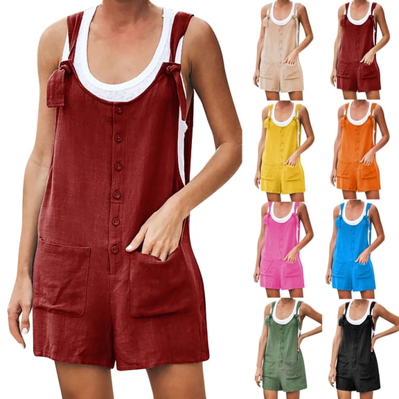 Paiwinds Women's Short Jumpsuit with Pockets Cotton Linen Button Front Casual Summer Romper