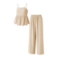 thumbnail image 6 of CCRFTGI Girls Summer Outfits Size 10-12 Linen 2 Piece Outfits Sleeveless Ruffle Cami Tops and Pants Sets Girls Fashion Tracksuits for Kids Beige 9-10 Years, 6 of 7