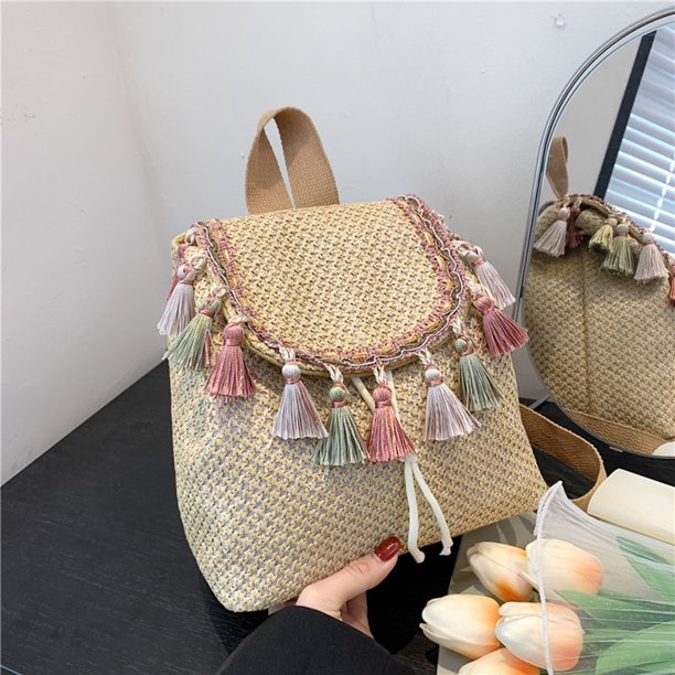 Bolso de playa para mujer Mochila de paja tejida de gran capacidad Vacaciones junto al mar (Estilo 3)