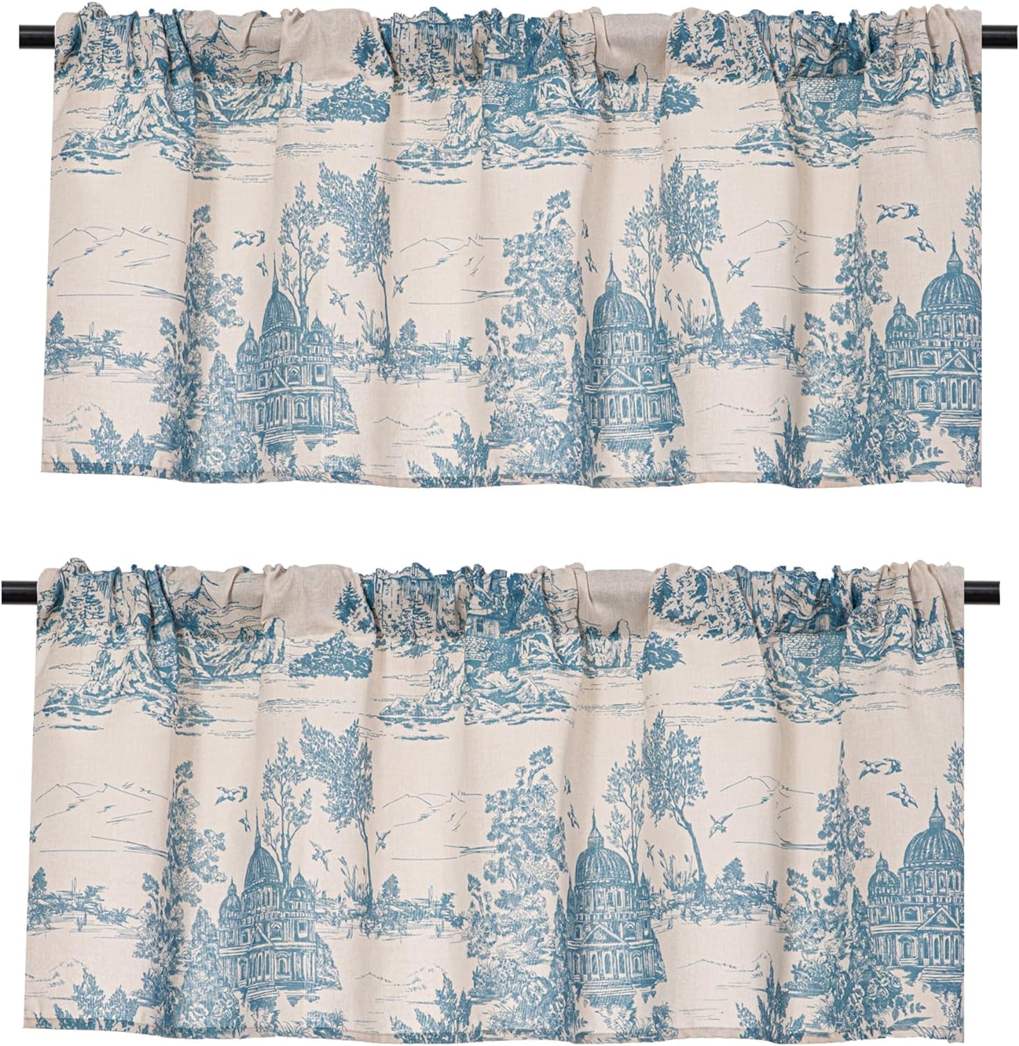 2 Pack Linen Window Valance, 18 Inches Long Kitchen Window Curtains Farmhouse Castle Pattern Rod Pocket Valance for Bathroom Bedroom Living Room, Blue and Natural Color