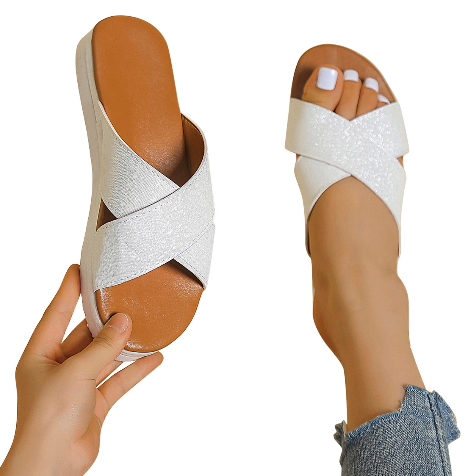 Slippers for Women Solid Color Leather Cross Strap Open Toe