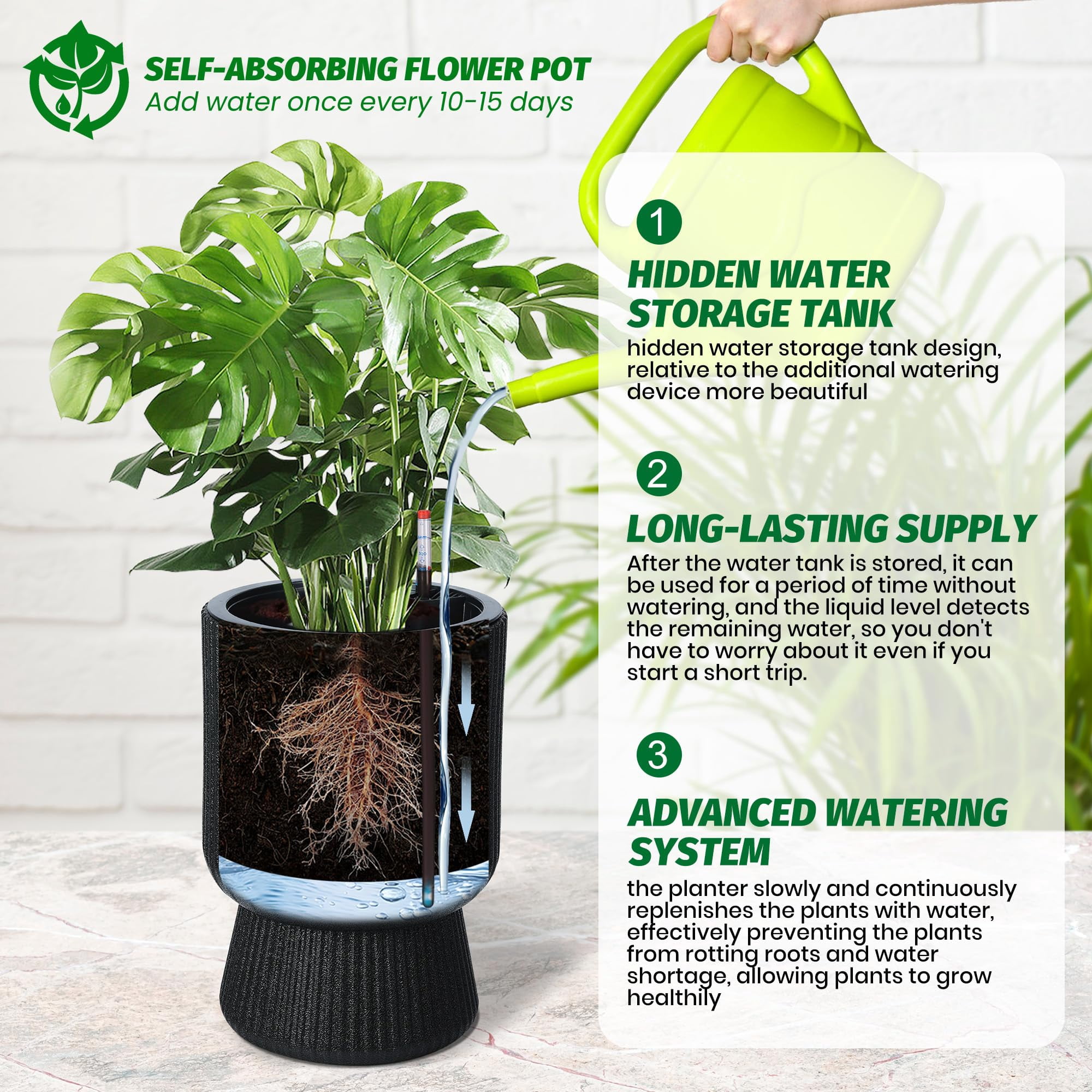 Kojooin 14.2" Planters Set of 2 – Self Watering Flower Pots with Drainage Holes & Water Level Monitor for Patio, Home, Office, Porch, Living Room