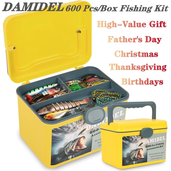 600 Pcs/Tackle Box Fishing Kit - Fishing Hooks, Sinkers, Swivels, Snaps, Top Water Lure, Spoons, Soft Lures, Jig Heads, Frogs, Minnow, Accessories Equipment - Saltwater & Freshwater Bass Bait Gear