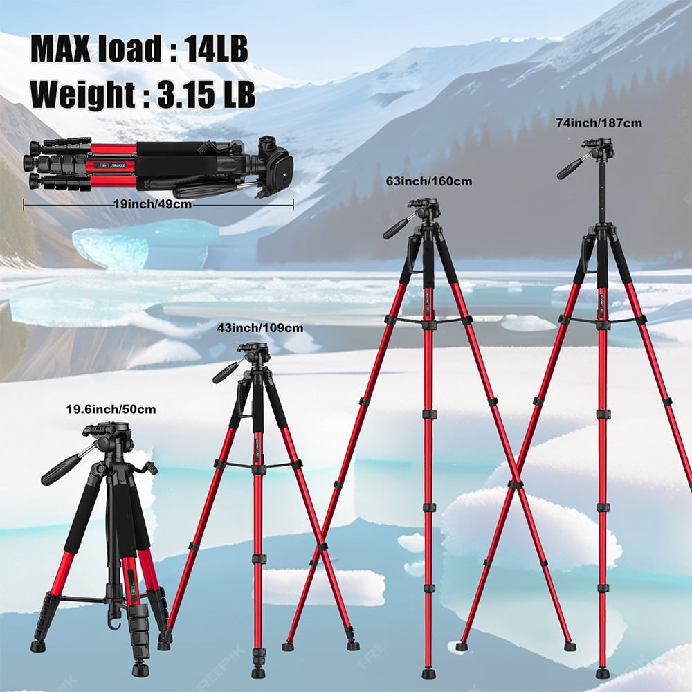 ZOMEI 55 Inch Tripod with Carry Bag with Phone Holder, Aluminum for Mirrorless Camera/DSLR/Phone/Camcorder, Red
