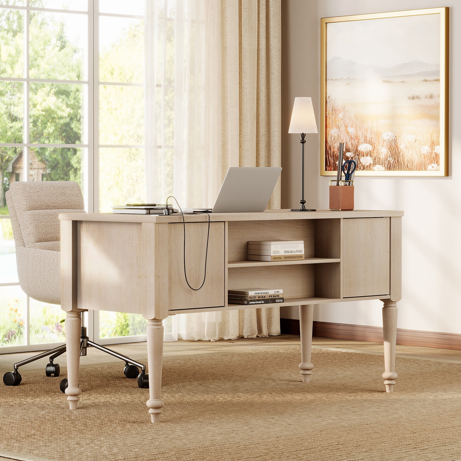WAMAPT Farmhouse Executive Desk with 5 Drawers, Home Office Desk with Charging Station, Wooden Computer Desk with File Cabinet Storage, Open Shelf for Work and Study, Beige, 56 inch