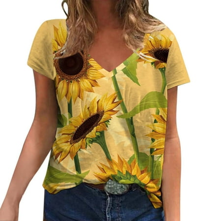 

Sayhi Womens Summer Top Casual V Neck Loose Short Sleeve Sunflower Floral Print T Womens Pajama Shirts Long Sleeve
