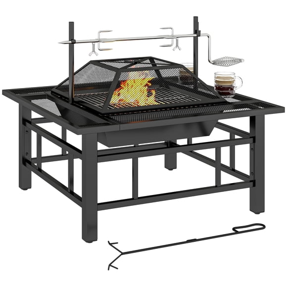 Outsunny Outdoor Fire Pit Firepit with BBQ Grill Grate Poker Lid, Black