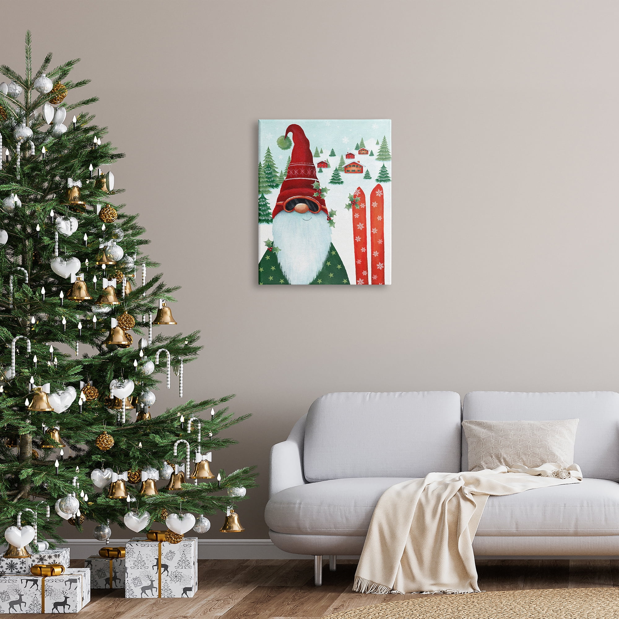 Stupell Industries Gnome Skiing Winter Slopes Holiday Painting Gallery Wrapped Canvas Art Print Wall Art, 24 x 30