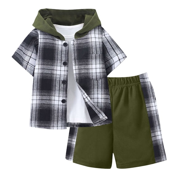 Caqnni Toddler Boys Little Boy Clothes Short Sleeve Color Block Plaid Hoodie Sweatshirt and Stretch Jogger Shorts Spring Summer Outfit 3-9 Years (A05-AG,5-6 Years)
