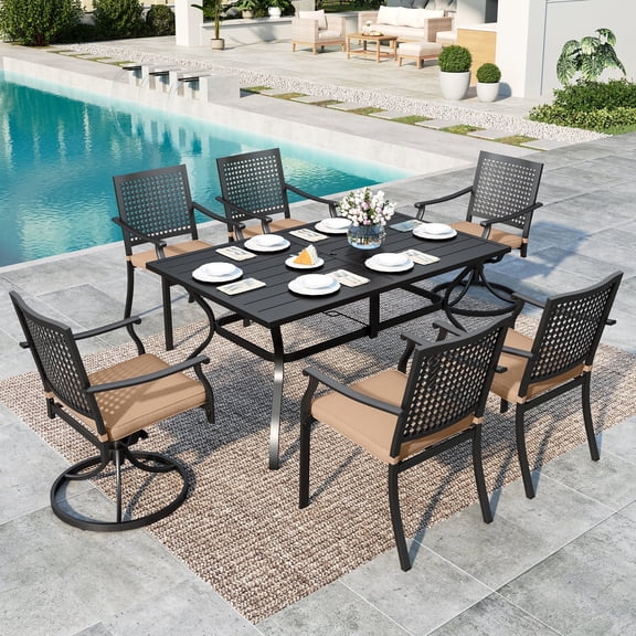 Summit Living 7-Piece Outdoor Patio Dining Set, Metal Steel Swivel Chairs with Cushions & Rectangle Table with Umbrella Hole, Black & Brown