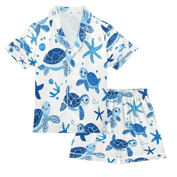 Silky Satin Kids' Pajama Set Breathable & Smooth Unisex Button-Down Pajamas Cute Turtles and Starfish