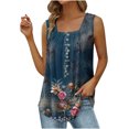 thumbnail image 2 of Summer Saving Wycnly Womens Tank Tops Vintage Loose Pleated Swing Hem Tunic Vest Tops Summer Fashion Ethnic Style Print Square Neck Sleeveless Shirts Blouse Navy m, 2 of 5