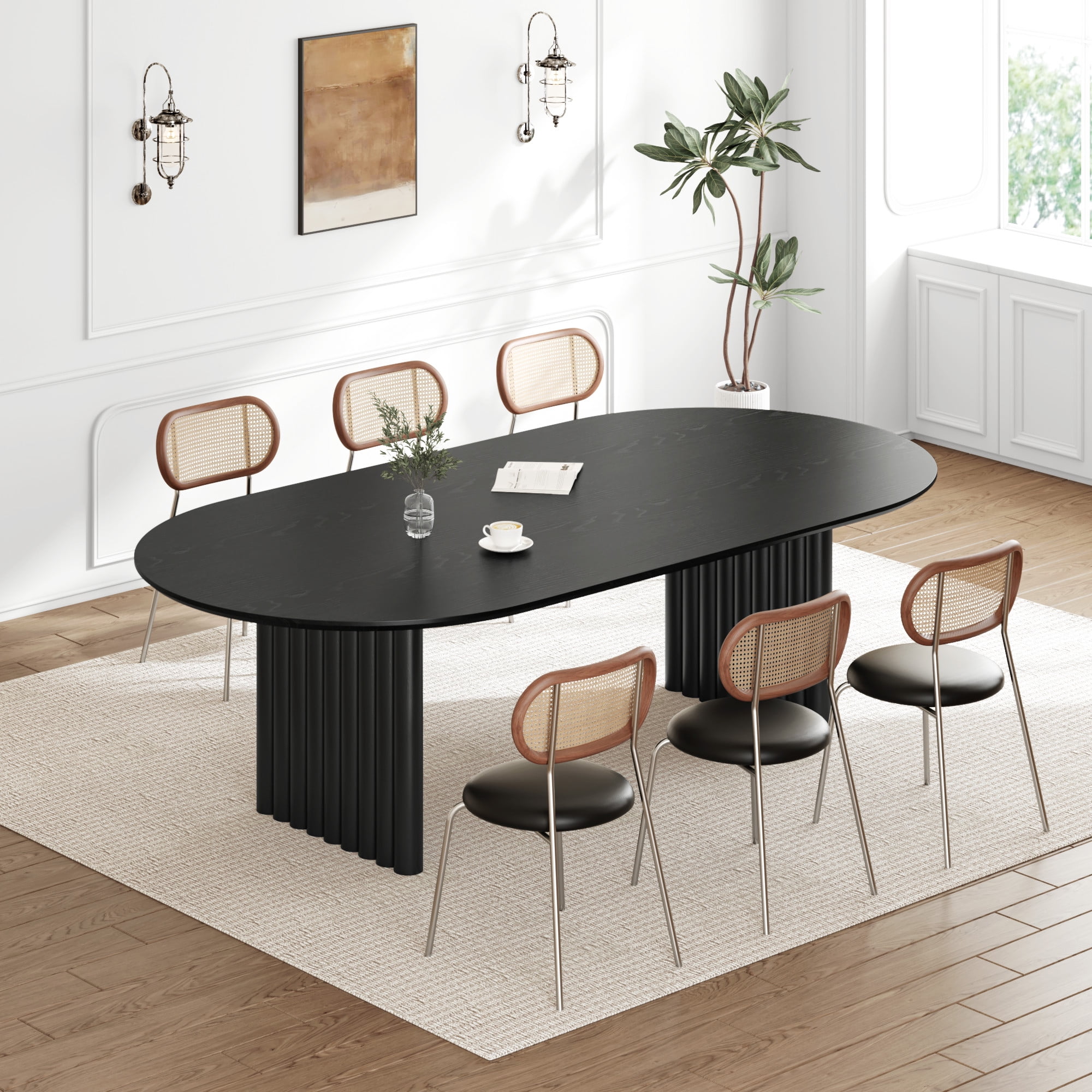 MAYEERTY 79"×40"×30" Black Oval Dining Table - Flat Striped Legs, Sturdy for Family Dining