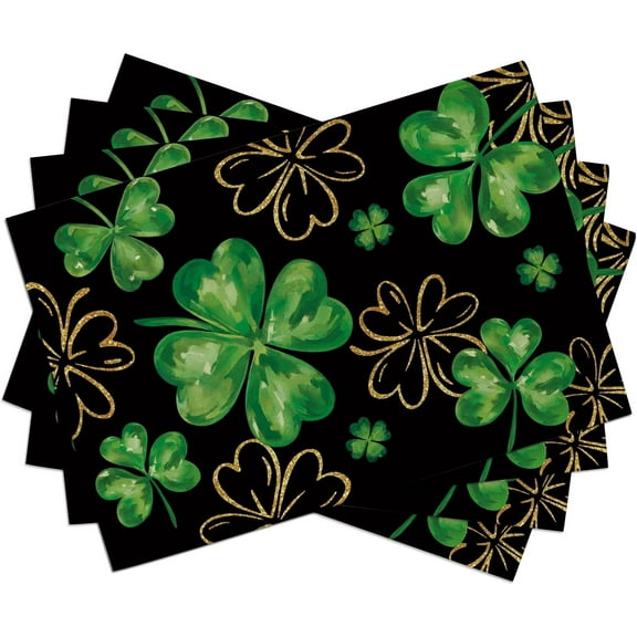 St Patricks Day Shamrock Placemats Set of 4, Black Gold Lucky Clover Dining Table Place Mats, Irish Spring Kitchen Decor Home Decoration 12 x 18 Inch