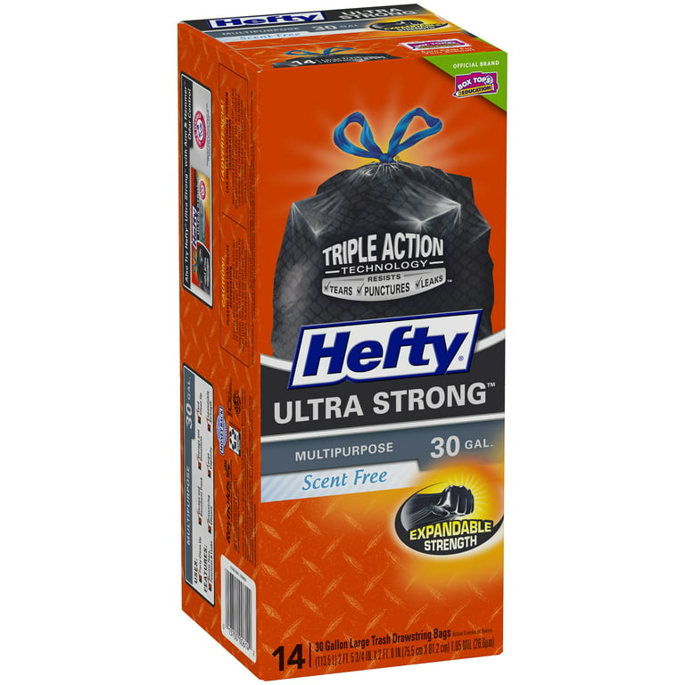 Hefty® Strong Multipurpose Drawstring Trash Bags, 30 gal, 1.1 mil, 30 x  33, Black, 74/Box