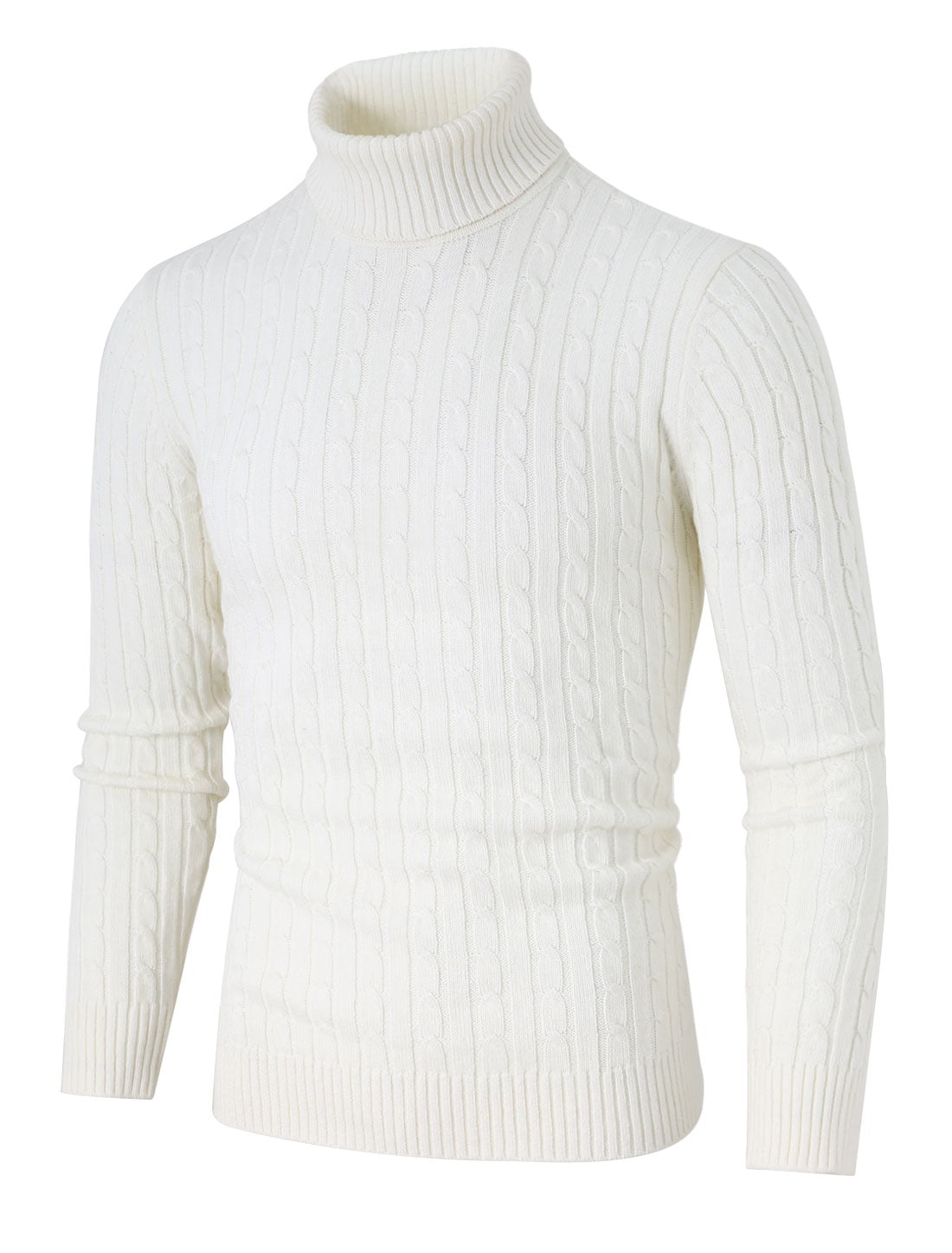 Men Turtleneck Long Sleeves Pullover Cable Knitted Sweater Off White M ...