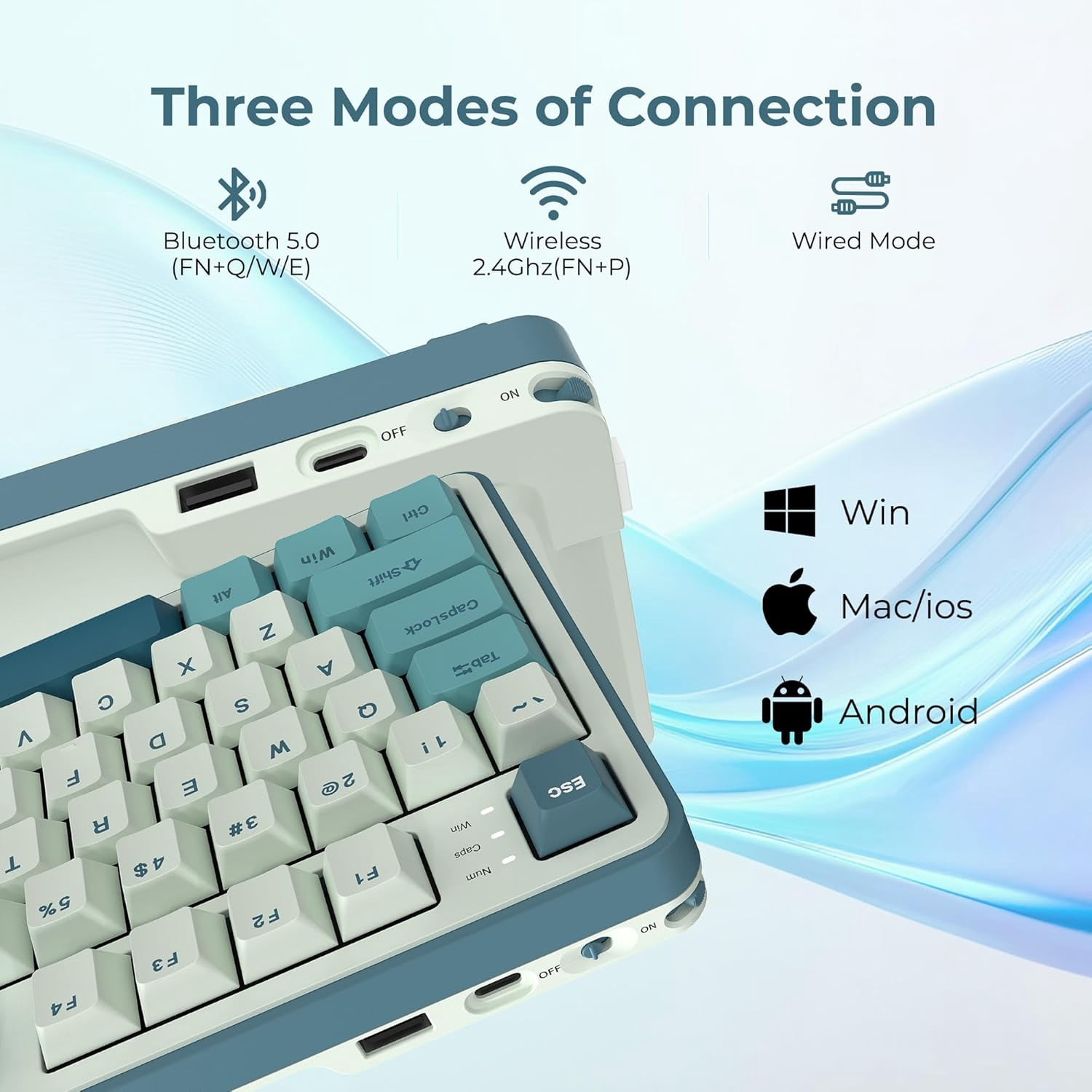 Rosewill Neon S96 Wireless Mechanical Keyboard, 98-Key Layout w/ Volume Knob, Bluetooth / 2.4GHz / USB-C, Hot-Swappable Blue Switches, RGB Backlit, 3750mAh Battery, Windows & macOS, White